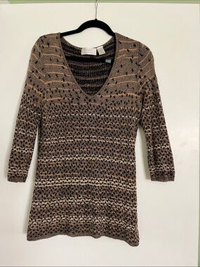 Dana Buchman Brown & Black V-Neck Patterned Knit Tunic